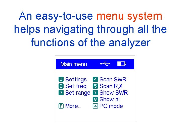 An easy-to-use menu system helps navigating through all the functions of the analyzer 