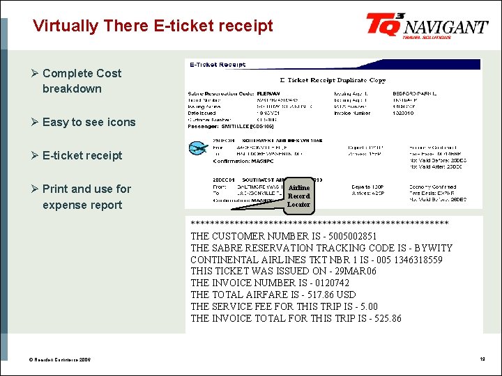 Virtually There E-ticket receipt Ø Complete Cost breakdown Ø Easy to see icons Ø