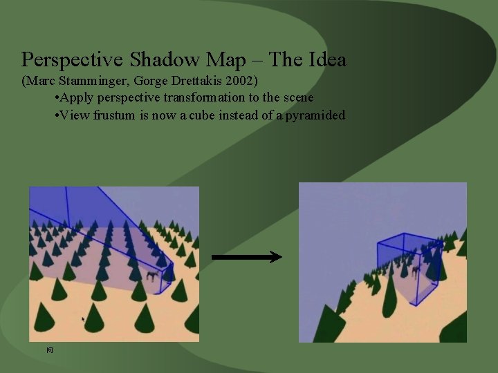 Perspective Shadow Map – The Idea (Marc Stamminger, Gorge Drettakis 2002) • Apply perspective