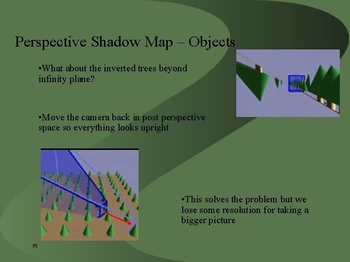 Perspective Shadow Map – Objects • What about the inverted trees beyond infinity plane?