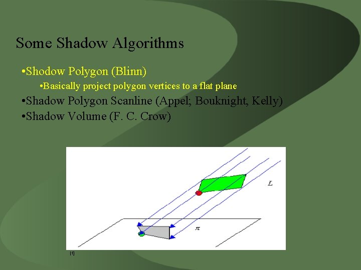 Some Shadow Algorithms • Shodow Polygon (Blinn) • Basically project polygon vertices to a