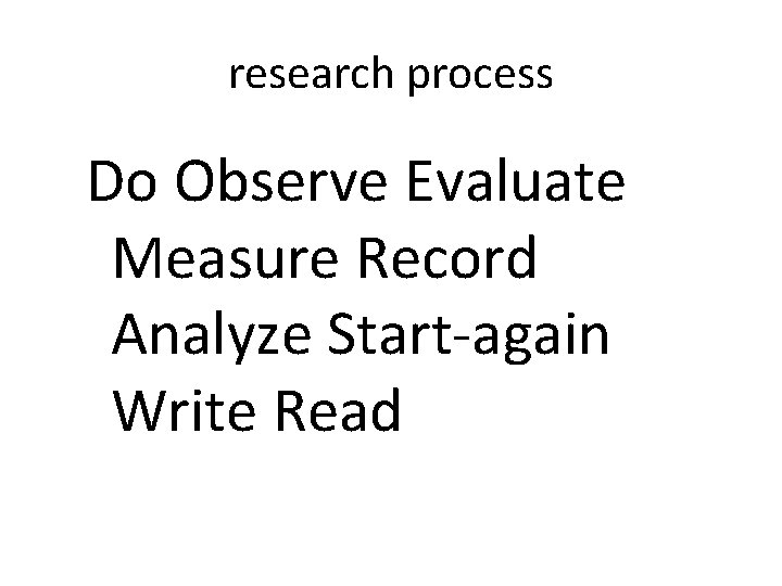 research process Do Observe Evaluate Measure Record Analyze Start-again Write Read 