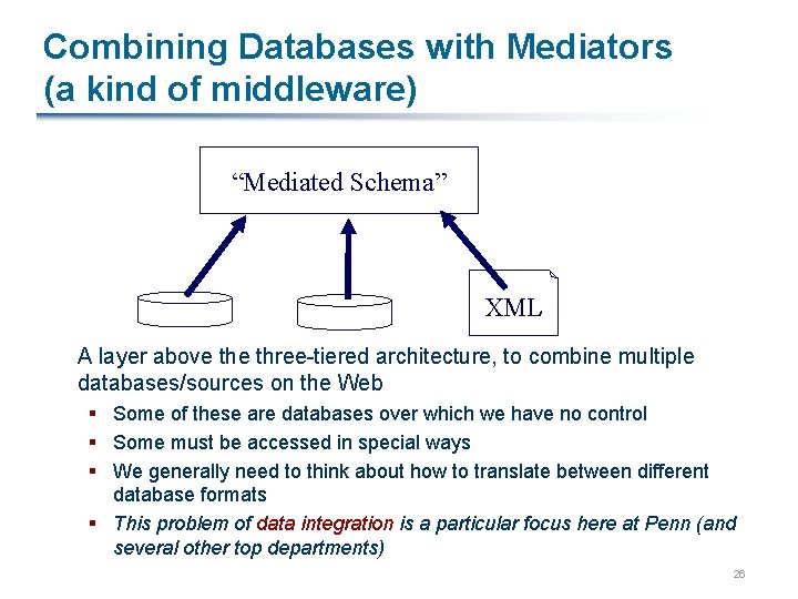 Combining Databases with Mediators (a kind of middleware) “Mediated Schema” XML A layer above
