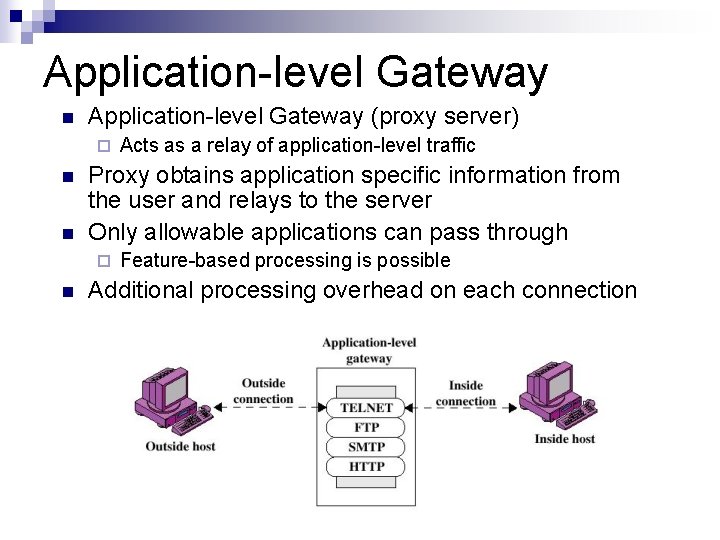 Application-level Gateway n Application-level Gateway (proxy server) ¨ n n Proxy obtains application specific Application-level Gateway n Application-level Gateway (proxy server) ¨ n n Proxy obtains application specific