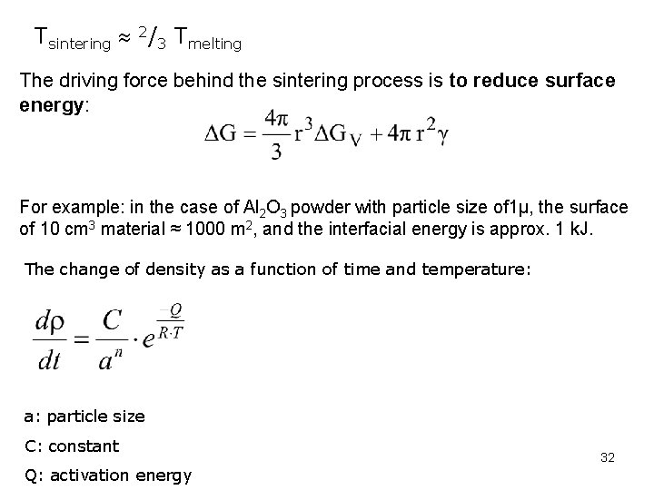Tsintering 2/3 Tmelting The driving force behind the sintering process is to reduce surface