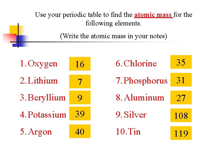 Use your periodic table to find the atomic mass for the following elements. (Write