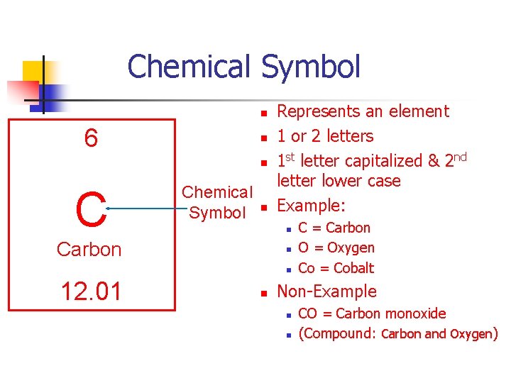 Chemical Symbol n 6 n n C Chemical Symbol n Represents an element 1