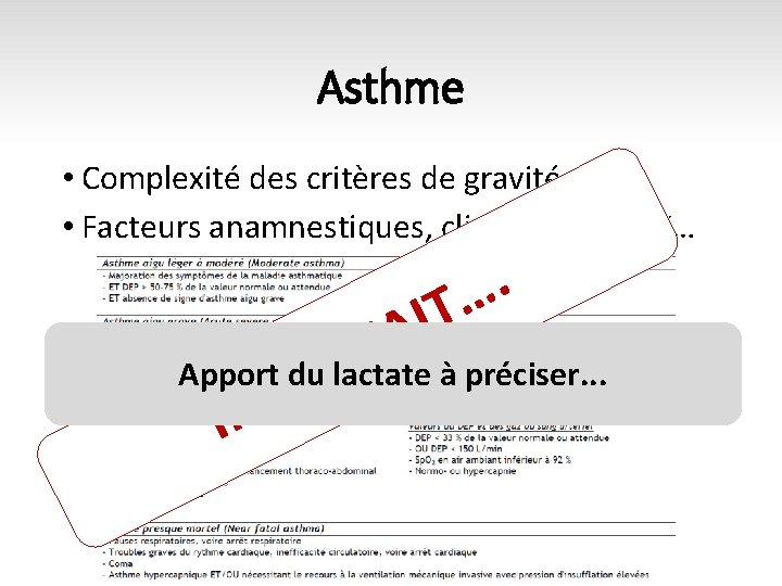 Asthme • Complexité des critères de gravité • Facteurs anamnestiques, cliniques, envirtx… R A