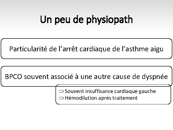 Un peu de physiopath Particularité de l’arrêt cardiaque de l’asthme aigu BPCO souvent associé