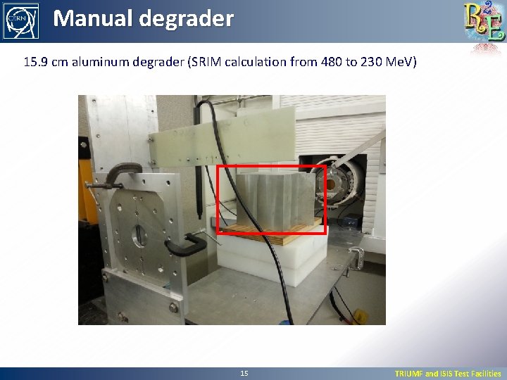 Manual degrader 15. 9 cm aluminum degrader (SRIM calculation from 480 to 230 Me.