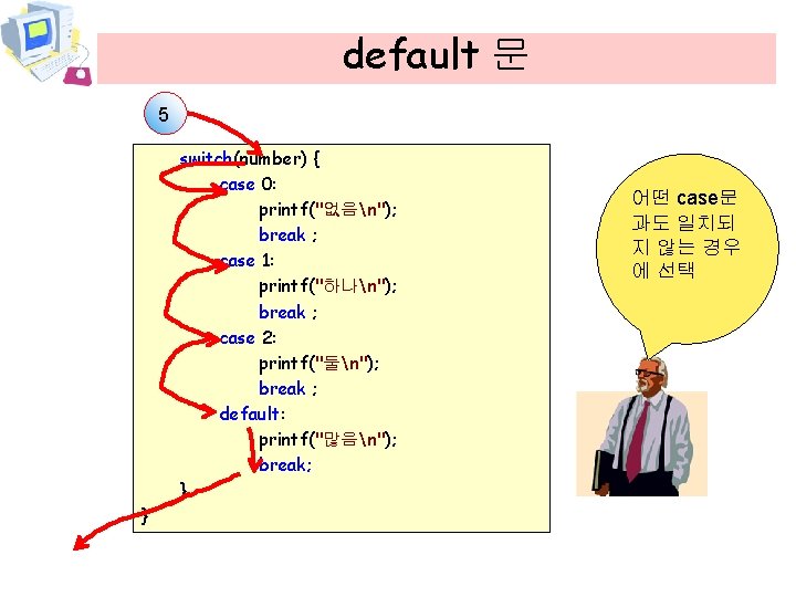 default 문 5 switch(number) { case 0: printf("없음n"); break ; case 1: printf("하나n"); break