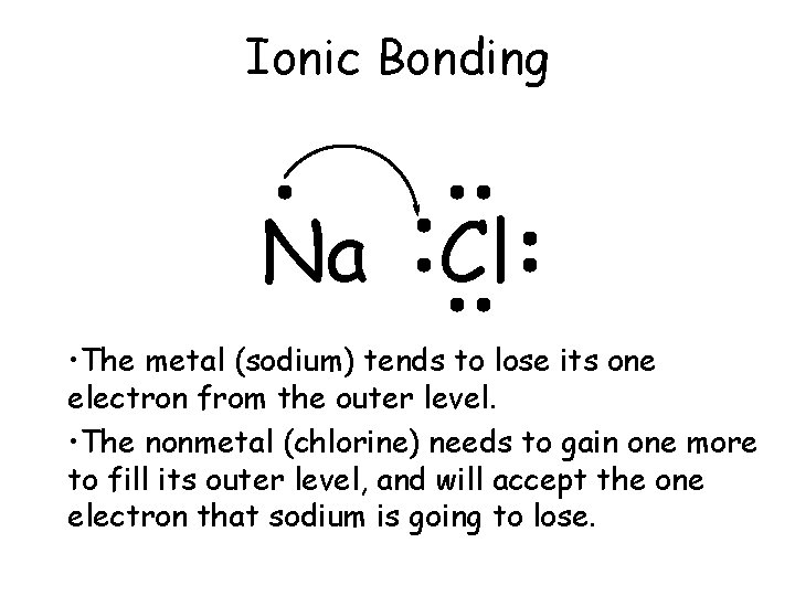 Ionic Bonding Na Cl • The metal (sodium) tends to lose its one electron Ionic Bonding Na Cl • The metal (sodium) tends to lose its one electron