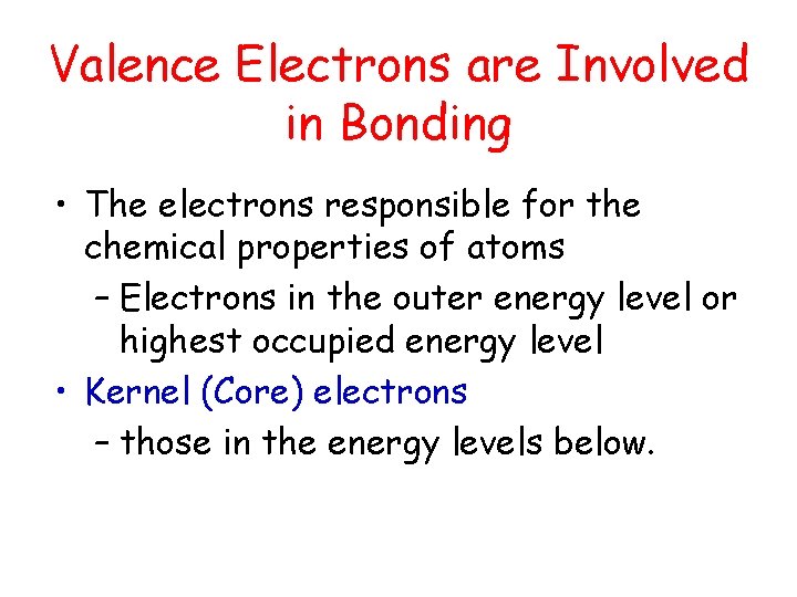 Valence Electrons are Involved in Bonding • The electrons responsible for the chemical properties Valence Electrons are Involved in Bonding • The electrons responsible for the chemical properties