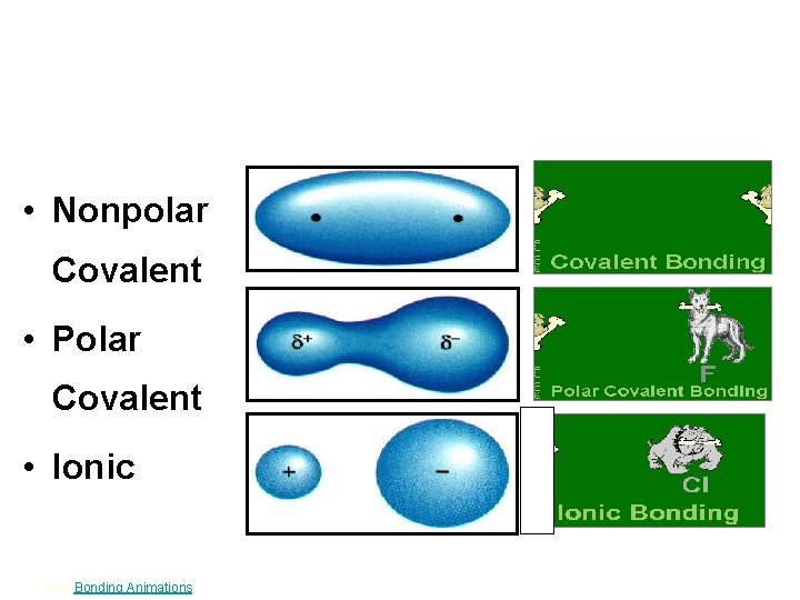 • Nonpolar Covalent • Polar Covalent • Ionic View Bonding Animations. • Nonpolar Covalent • Polar Covalent • Ionic View Bonding Animations.