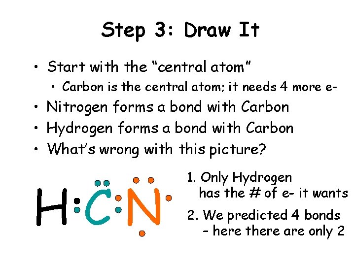 Step 3: Draw It • Start with the “central atom” • Carbon is the Step 3: Draw It • Start with the “central atom” • Carbon is the