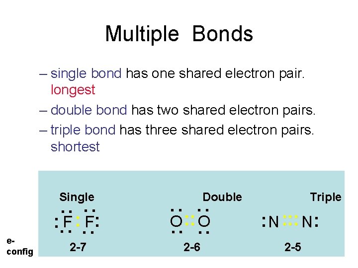 Multiple Bonds – single bond has one shared electron pair. longest – double bond Multiple Bonds – single bond has one shared electron pair. longest – double bond