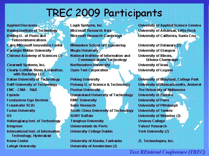 TREC 2009 Participants Applied Discovery Beijing Institute of Technology Beijing U. of Posts and TREC 2009 Participants Applied Discovery Beijing Institute of Technology Beijing U. of Posts and