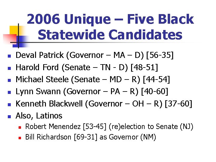 2006 Unique – Five Black Statewide Candidates n n n Deval Patrick (Governor –