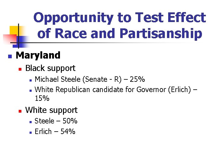 Opportunity to Test Effect of Race and Partisanship n Maryland n Black support n