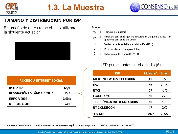 1. 3. La Muestra TAMAÑO Y DISTRIBUCIÓN POR ISP El tamaño de muestra se