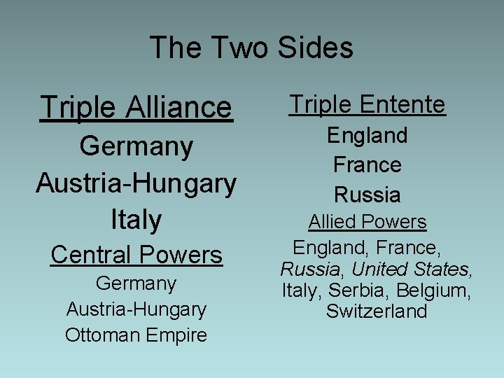 The Two Sides Triple Alliance Germany Austria-Hungary Italy Central Powers Germany Austria-Hungary Ottoman Empire