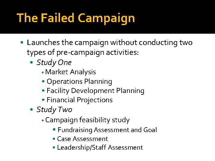 The Failed Campaign • Launches the campaign without conducting two types of pre-campaign activities: