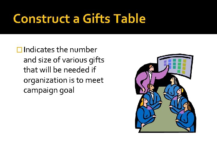 Construct a Gifts Table � Indicates the number and size of various gifts that