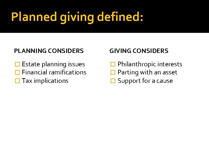 Planned giving defined: PLANNING CONSIDERS GIVING CONSIDERS � Estate planning issues � Financial ramifications