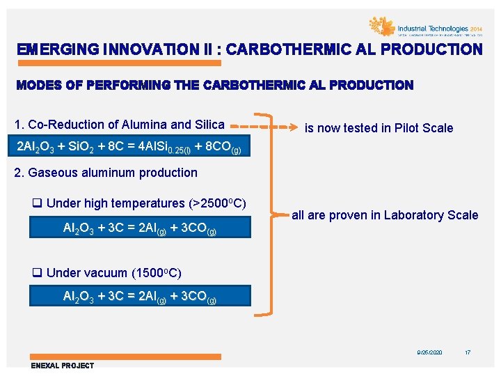 EMERGING INNOVATION II : CARBOTHERMIC AL PRODUCTION MODES OF PERFORMING THE CARBOTHERMIC AL PRODUCTION
