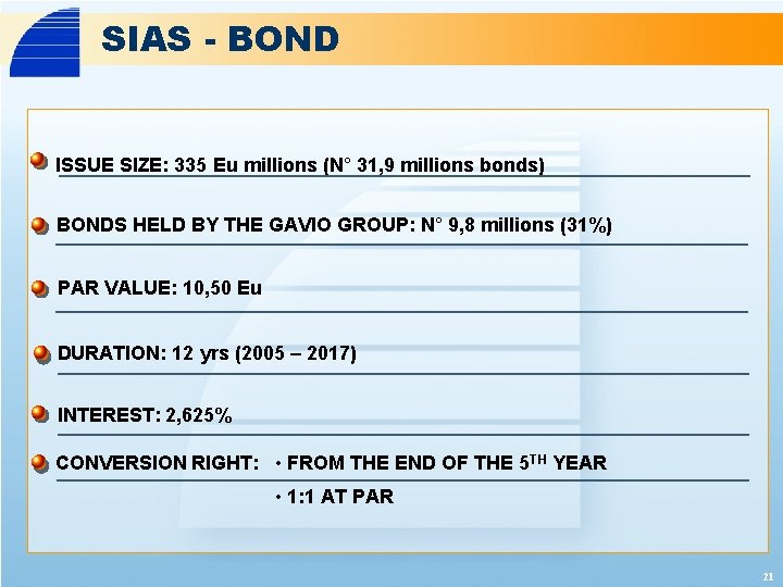 SIAS - BOND ISSUE SIZE: 335 Eu millions (N° 31, 9 millions bonds) BONDS