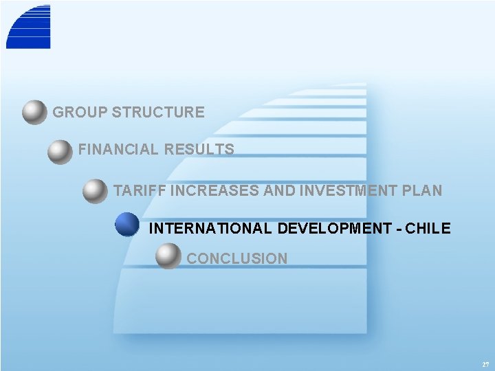 GROUP STRUCTURE FINANCIAL RESULTS TARIFF INCREASES AND INVESTMENT PLAN INTERNATIONAL DEVELOPMENT - CHILE CONCLUSION