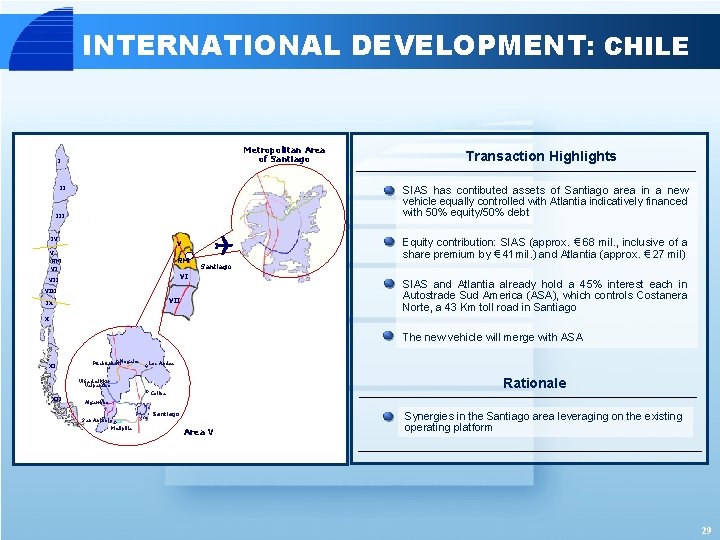 INTERNATIONAL DEVELOPMENT: CHILE Metropolitan Area of Santiago I Transaction Highlights SIAS has contibuted assets