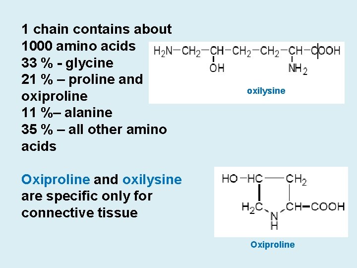 1 chain contains about 1000 amino acids 33 % - glycine 21 % –