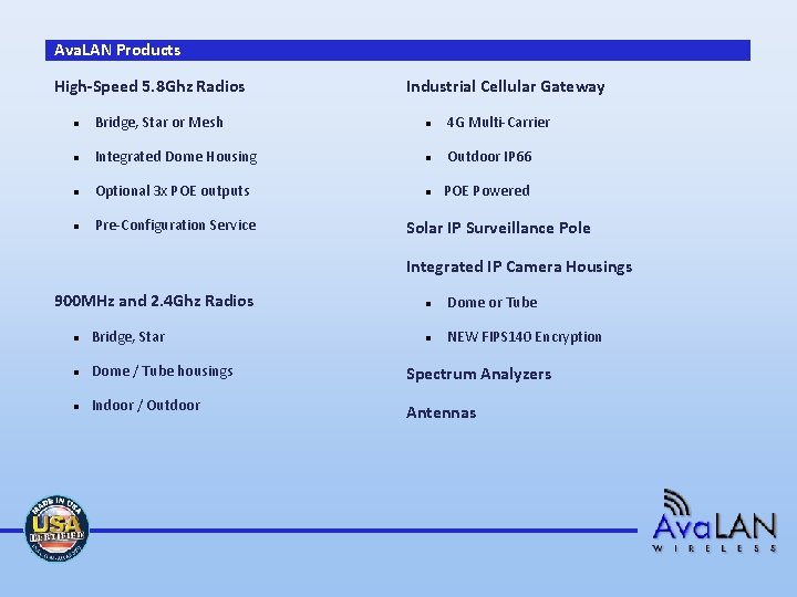 Ava. LAN Products High-Speed 5. 8 Ghz Radios Industrial Cellular Gateway Bridge, Star or