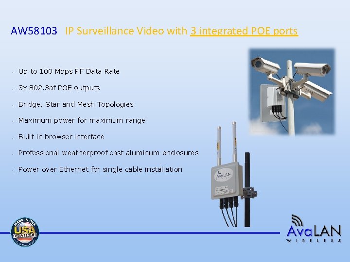 AW 58103 IP Surveillance Video with 3 integrated POE ports • Up to 100