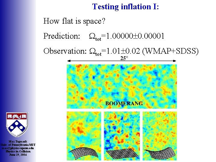 Testing inflation I: How flat is space? Prediction: Wtot=1. 00000 0. 00001 Observation: Wtot=1.