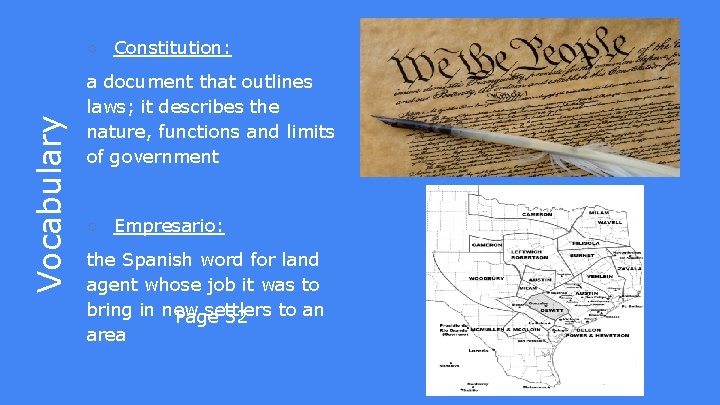 Vocabulary ○ Constitution: a document that outlines laws; it describes the nature, functions and Vocabulary ○ Constitution: a document that outlines laws; it describes the nature, functions and
