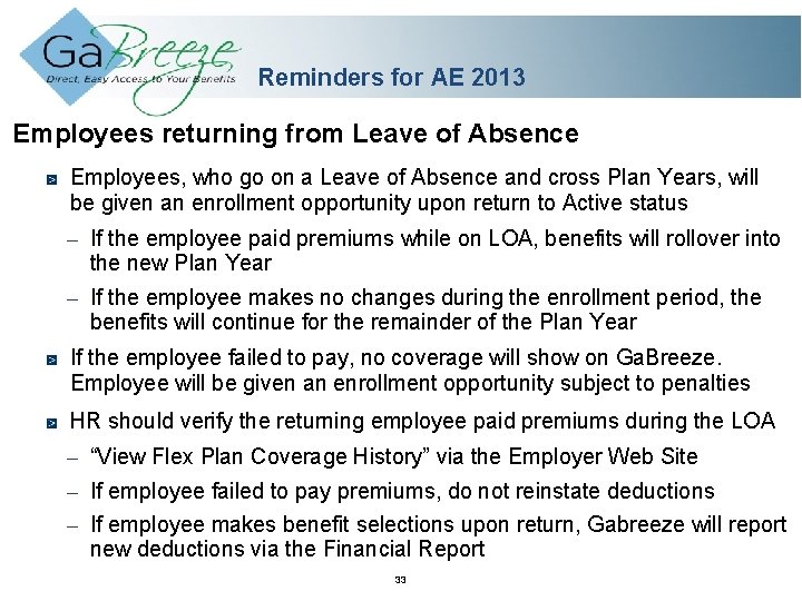 Reminders for AE 2013 Employees returning from Leave of Absence Employees, who go on