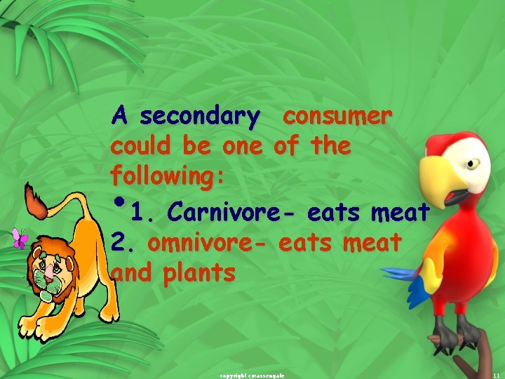 A secondary consumer could be one of the following: 1. Carnivore- eats meat 2.