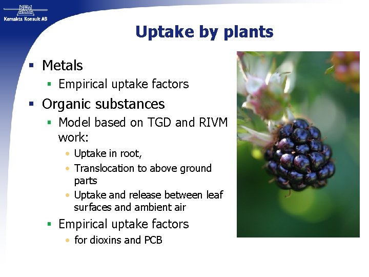 Uptake by plants § Metals § Empirical uptake factors § Organic substances § Model