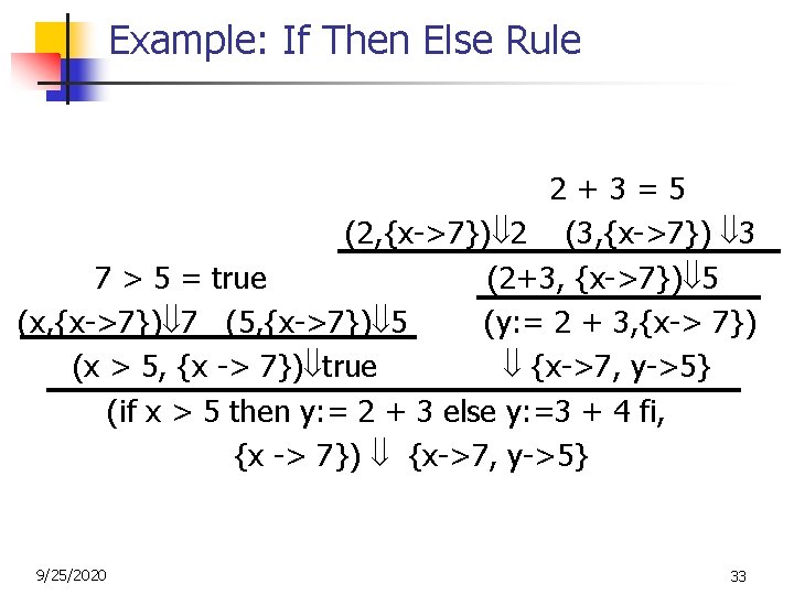 Example: If Then Else Rule 2+3=5 (2, {x->7}) 2 (3, {x->7}) 3 7 > Example: If Then Else Rule 2+3=5 (2, {x->7}) 2 (3, {x->7}) 3 7 >