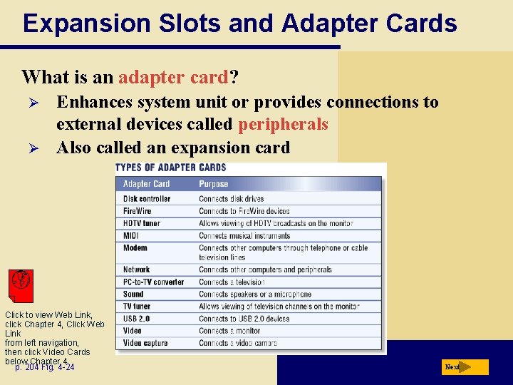 Expansion Slots and Adapter Cards What is an adapter card? Ø Ø Enhances system