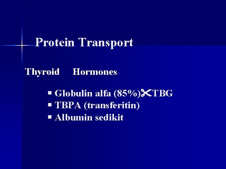 Protein Transport Thyroid Hormones Globulin alfa (85%) TBG TBPA (transferitin) Albumin sedikit 