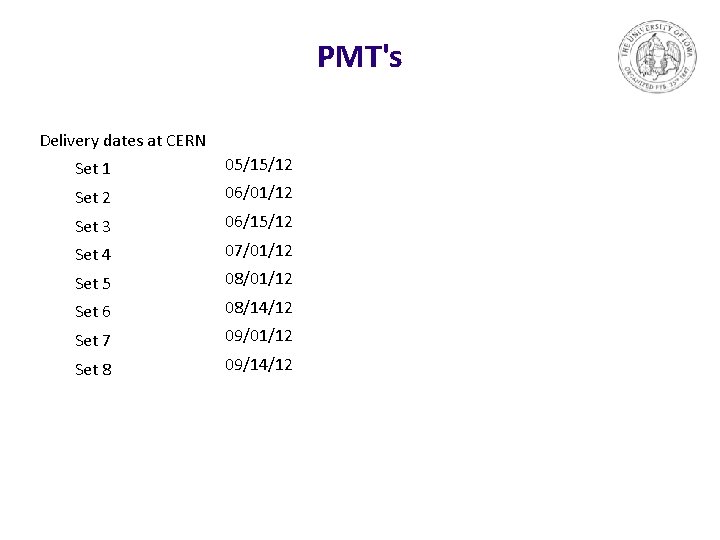 PMT's Delivery dates at CERN Set 1 05/15/12 Set 2 06/01/12 Set 3 06/15/12