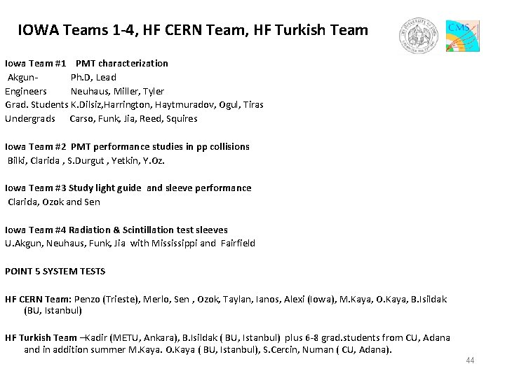 IOWA Teams 1‐ 4, HF CERN Team, HF Turkish Team Iowa Team #1 PMT