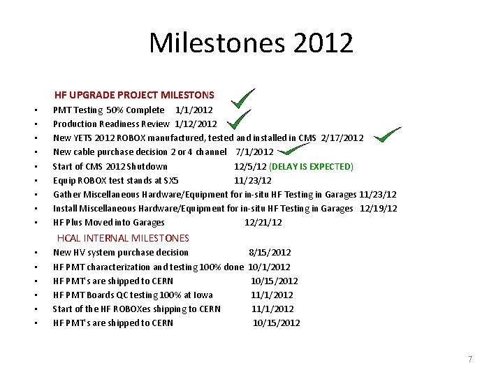 Milestones 2012 HF UPGRADE PROJECT MILESTONS • • • PMT Testing 50% Complete 1/1/2012