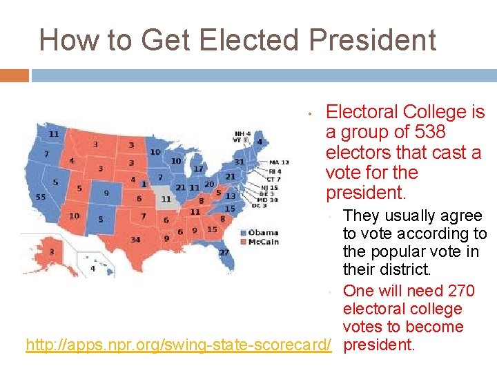 How to Get Elected President • Electoral College is a group of 538 electors