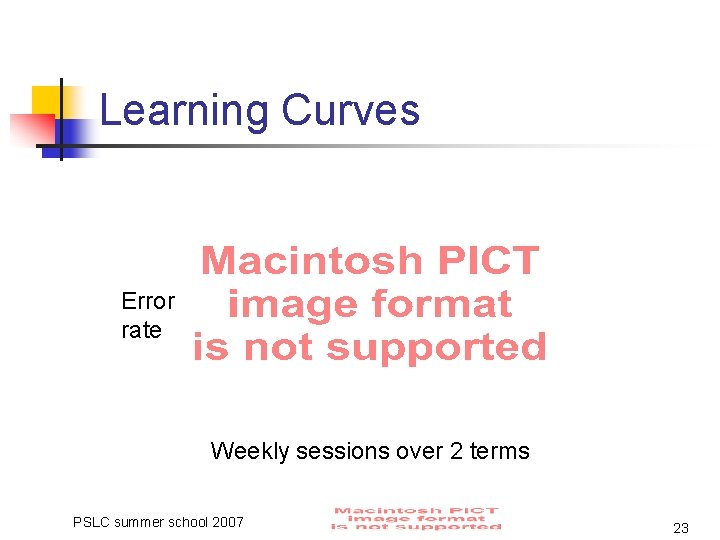 Learning Curves Error rate Weekly sessions over 2 terms PSLC summer school 2007 23