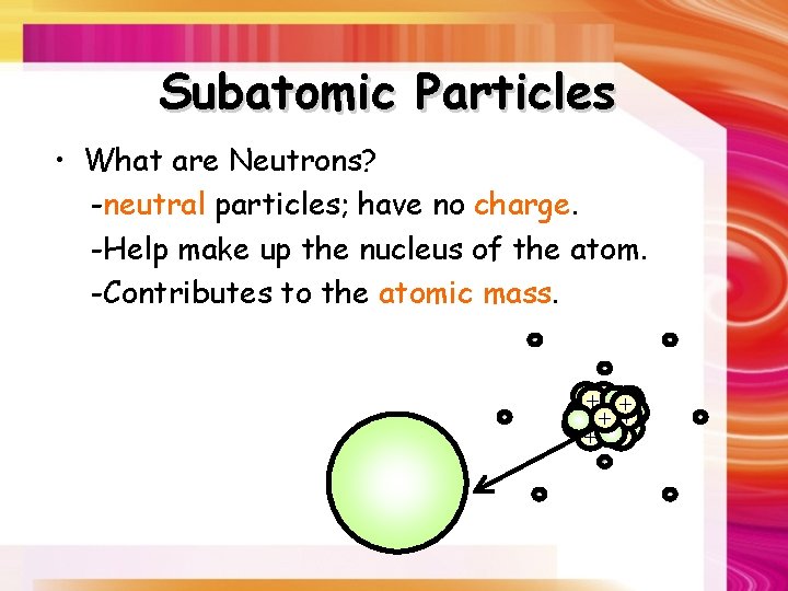 Subatomic Particles • What are Neutrons? -neutral particles; have no charge. -Help make up