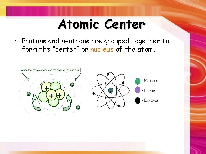 Atomic Center • Protons and neutrons are grouped together to form the “center” or